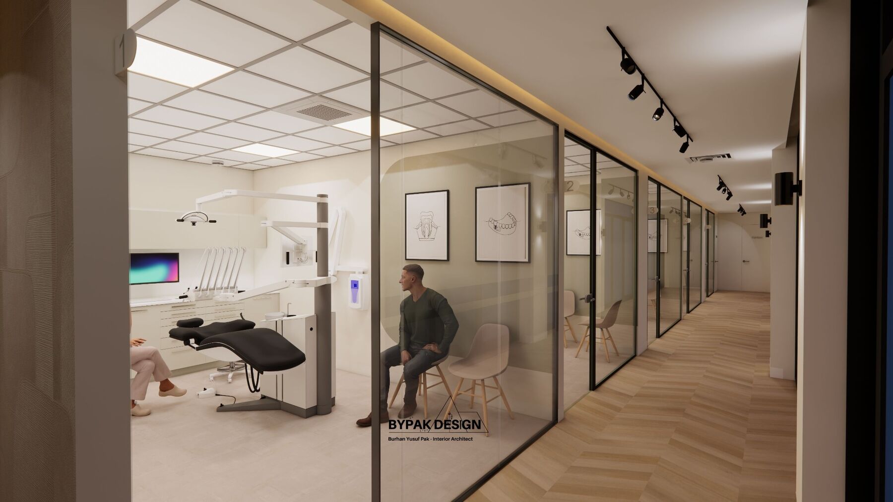 3D-visualisatie van behandelkamers en corridor