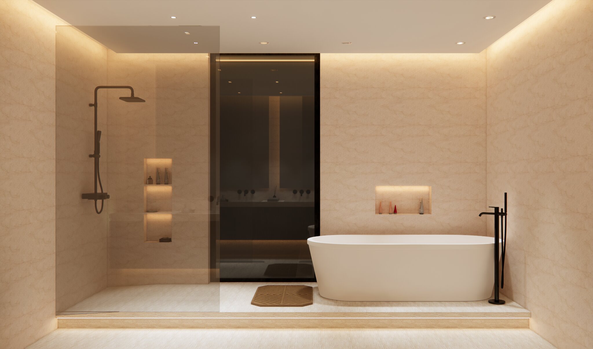 Badkamer met vrijstaand bad en douche